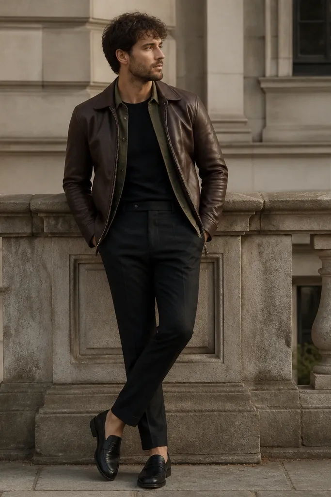 A brown leather jacket over a fitted black tee with a thin olive overshirt peeking at the collar, paired with black loafers; the collar layering is clearly visible.