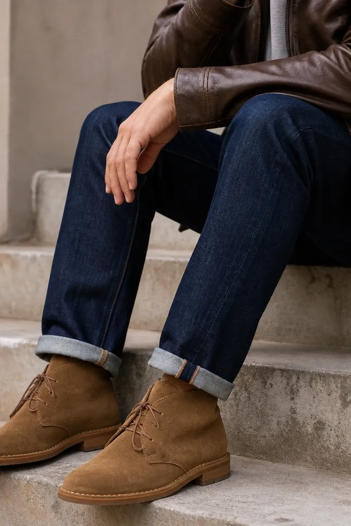 A brown leather jacket over a light grey t-shirt, with indigo jeans and tan suede desert boots; the image focuses on the boots and jacket hem.