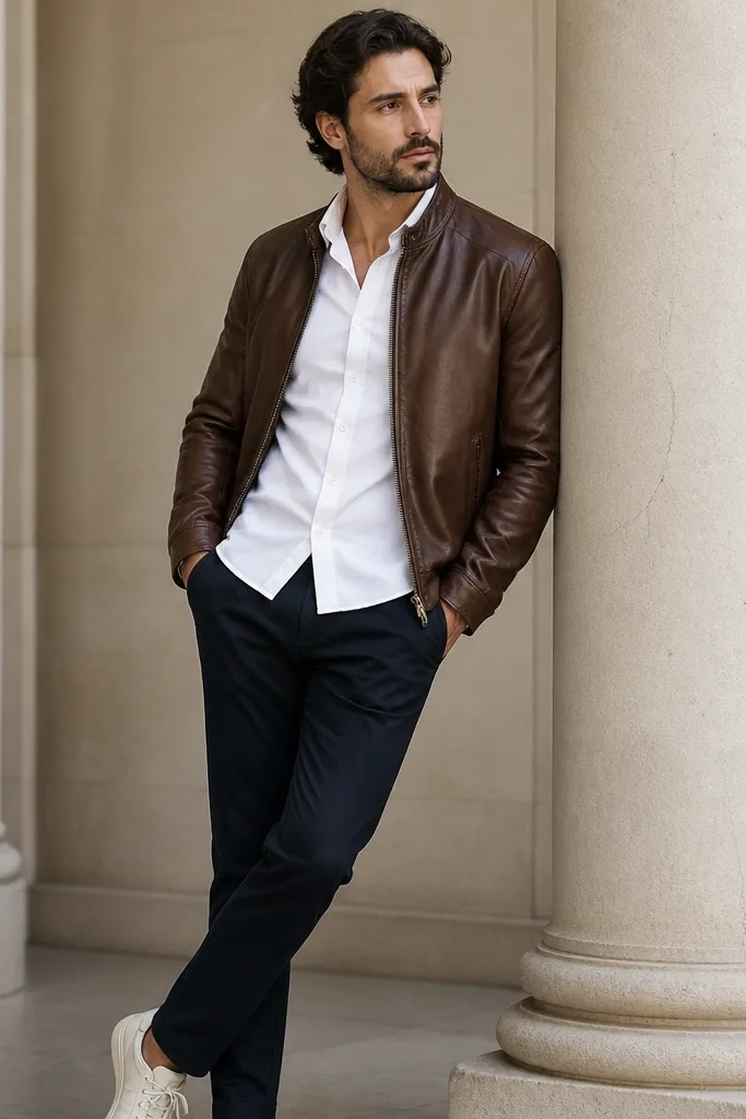 A brown leather jacket over a white button-down shirt that is half-tucked into dark chinos; minimal sneakers are visible and the shirt hem is neat.