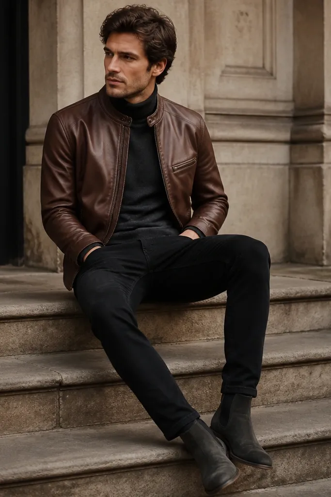 A brown leather jacket worn over a thin charcoal turtleneck sweater, with black jeans and dark ankle boots; the turtleneck collar sits snug under the jacket.