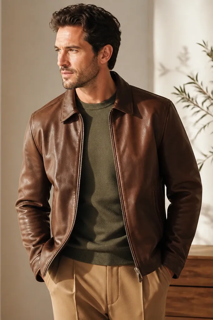 A medium-brown leather jacket over an olive crewneck sweater with tan trousers; the outfit is photographed in a bright setting with the warm tones emphasized.