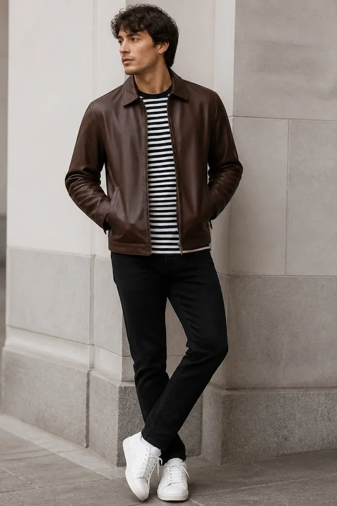 A brown leather jacket over a navy-and-white striped tee, paired with black jeans and white sneakers; the stripes are visible at the chest and hem.