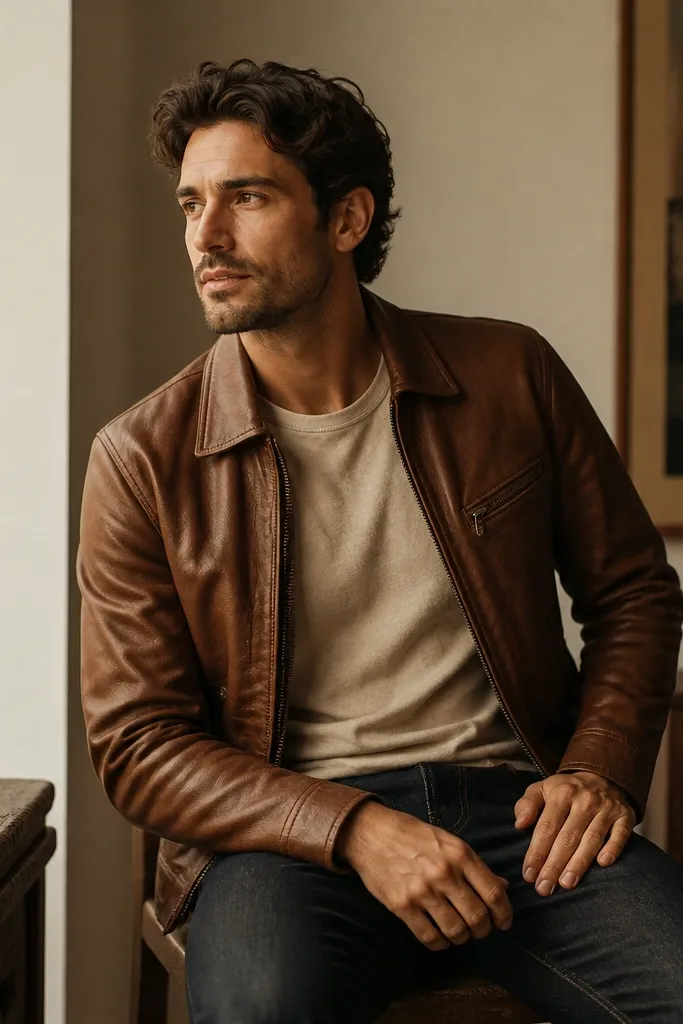 A brown leather jacket worn over an oatmeal/beige tee with dark denim jeans; the photo shows a smooth, cohesive warm palette.