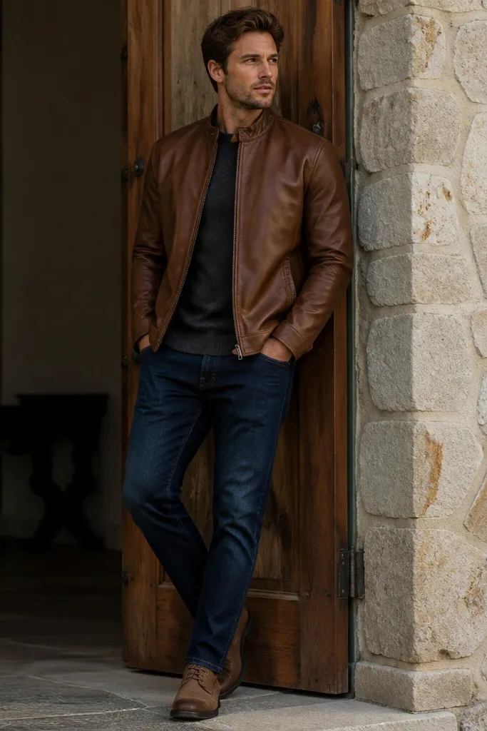 Low-Maintenance Brown Leather Jacket Outfit Men Looks