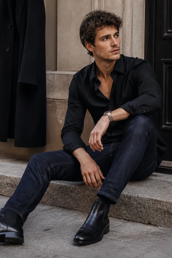 Outdoor street-style look: black button-up worn slightly open at the top, dark indigo jeans, and black Chelsea boots; a long black coat hangs in the background.