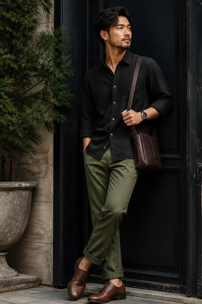 Green-and-black color story: black button-up with subtle texture, olive chinos, and brown lace-up derbies; a dark leather watch and small crossbody bag.