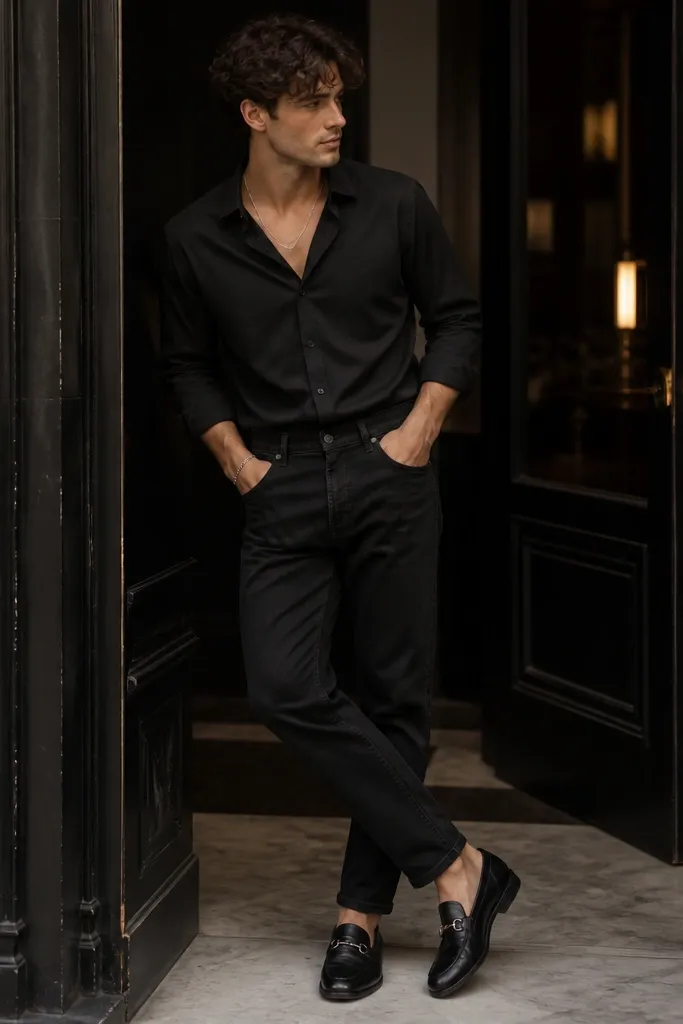 Night-out vibe: black button-up tucked into black denim, loafers with subtle metallic chain detail, and a thin silver chain necklace.