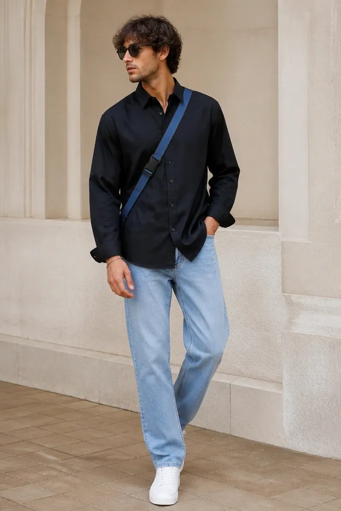 Fresh casual fit: black button-up untucked over a light blue straight-leg jean, white sneakers, and a blue-and-black crossbody strap.