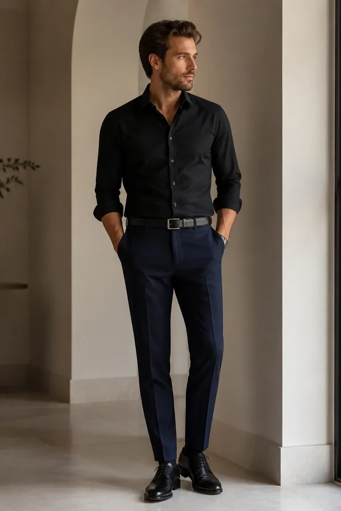 Smart-casual setup: black button-up tucked into navy suit trousers, black leather oxfords, and a slim black belt; no jacket, clean styling.