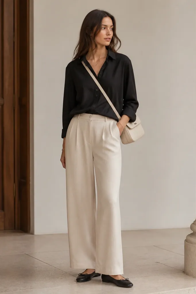 Clean, airy look: black button-up loosely tucked into cream wide-leg trousers, black ballet flats, and a cream crossbody bag.