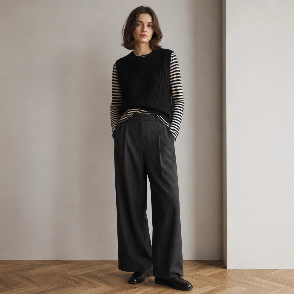 A black ribbed sweater vest over a longline black-and-cream striped tee, tucked slightly at the front. The outfit is finished with high-rise wide-leg trousers in charcoal and black leather loafers.