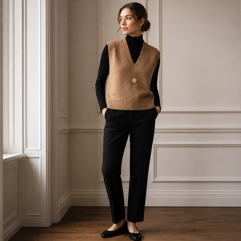 A camel knit sweater vest over a fitted black turtleneck, paired with straight-leg black trousers. The look is styled with a long gold pendant necklace and sleek black ballet flats.