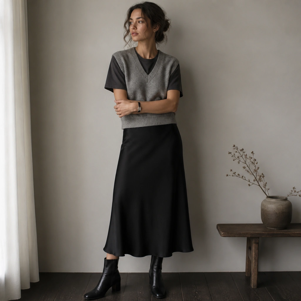 A heather gray sweater vest over a soft charcoal modal jersey tee, styled with a flowy midi skirt in black with a subtle sheen. The outfit includes black ankle boots and a minimal wristwatch.