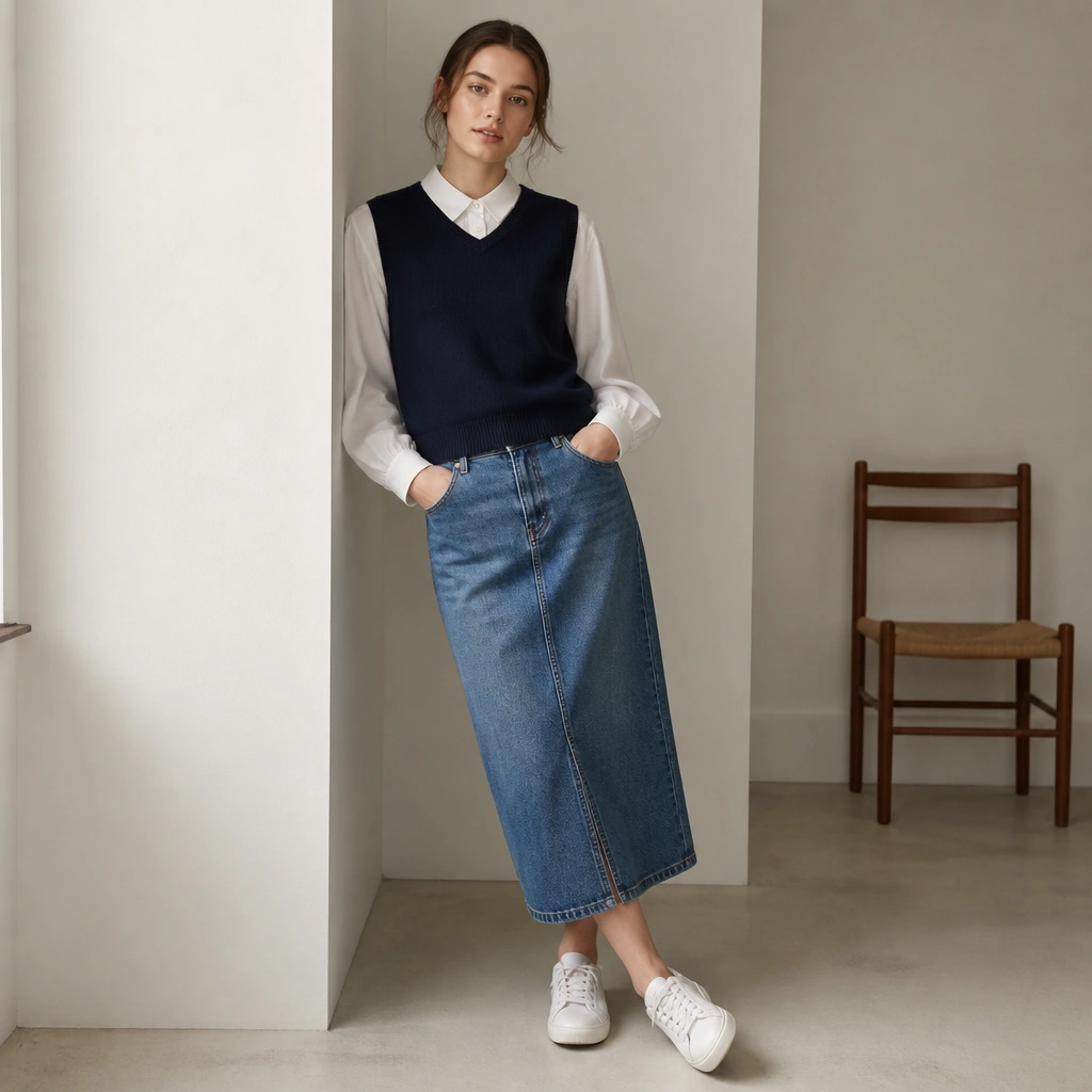 A navy sweater vest over a white poplin blouse with a small collar and covered buttons. The outfit is paired with a medium-wash denim midi skirt and white leather sneakers.