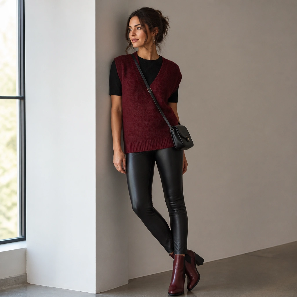 A burgundy knit sweater vest over a fitted black knit tee, paired with leather-look leggings and burgundy-and-black ankle boots. A small black crossbody bag finishes the outfit.