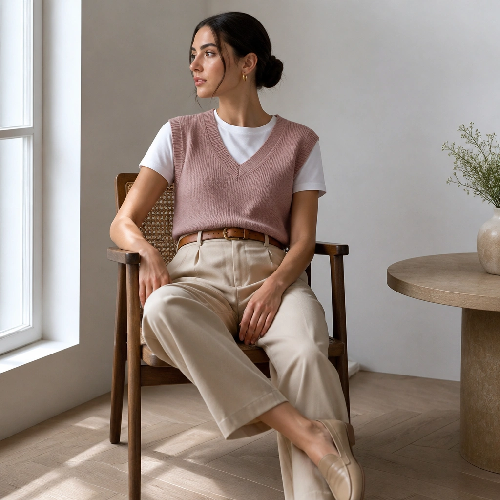 A rose pink sweater vest over a plain white crew-neck tee, paired with light khaki high-rise trousers. The styling includes a tan belt, small gold hoops, and beige loafers.