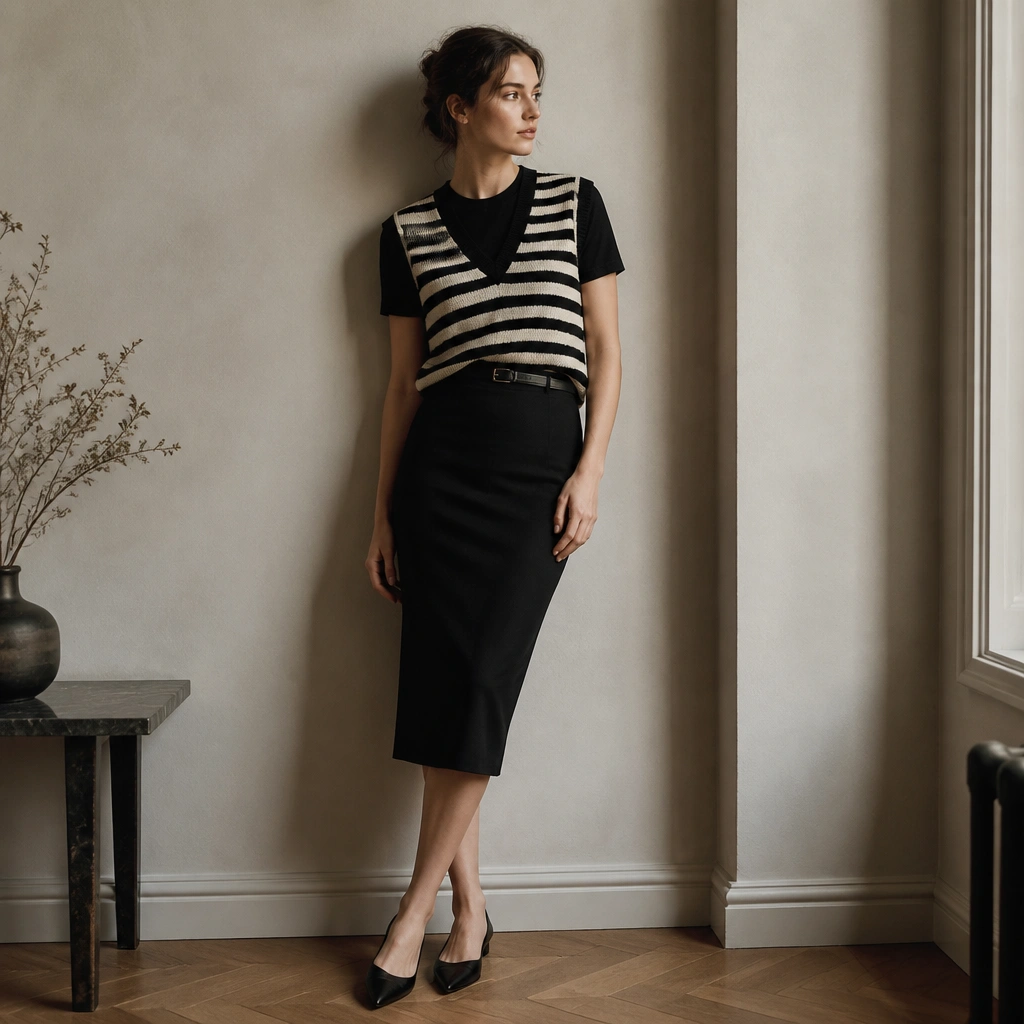 A black-and-cream striped sweater vest layered over a solid black crew-neck tee. The outfit is paired with a black pencil skirt and black pointed-toe flats, with a thin belt at the waist.
