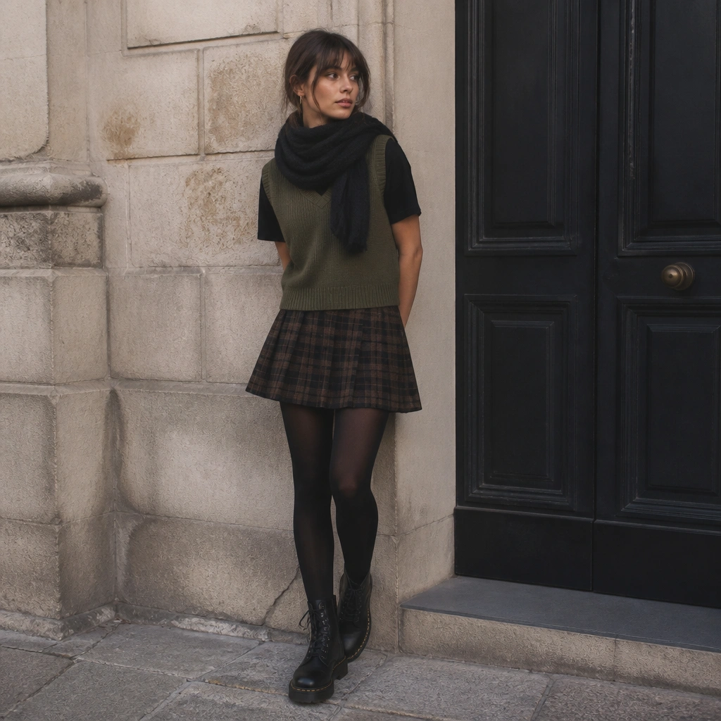 An olive green knit sweater vest over a black crew-neck tee, paired with a black-and-brown plaid mini skirt. The outfit includes black tights, a chunky scarf, and dark lace-up boots.