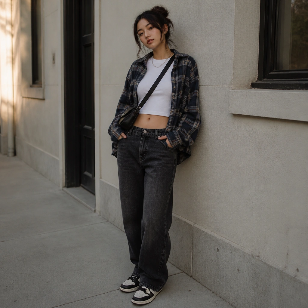 A layered look: a cropped baby tee under an open oversized plaid flannel; dark relaxed jeans; chunky skate shoes; a small crossbody bag across the chest.
