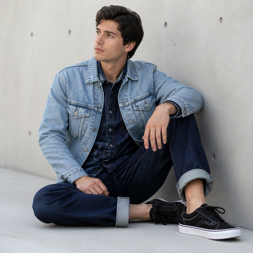 A light-wash denim jacket worn over a darker-wash denim shirt; both have visible contrast stitching; black skate sneakers; cuffed jeans show the hem.