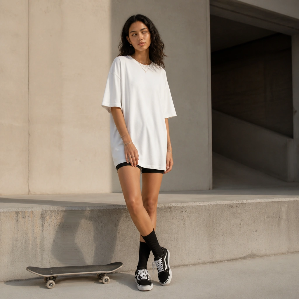 A longline oversized tee that falls past the hips with a bike-short layer peeking at the hem; black crew socks; simple skate shoes; minimal accessories.
