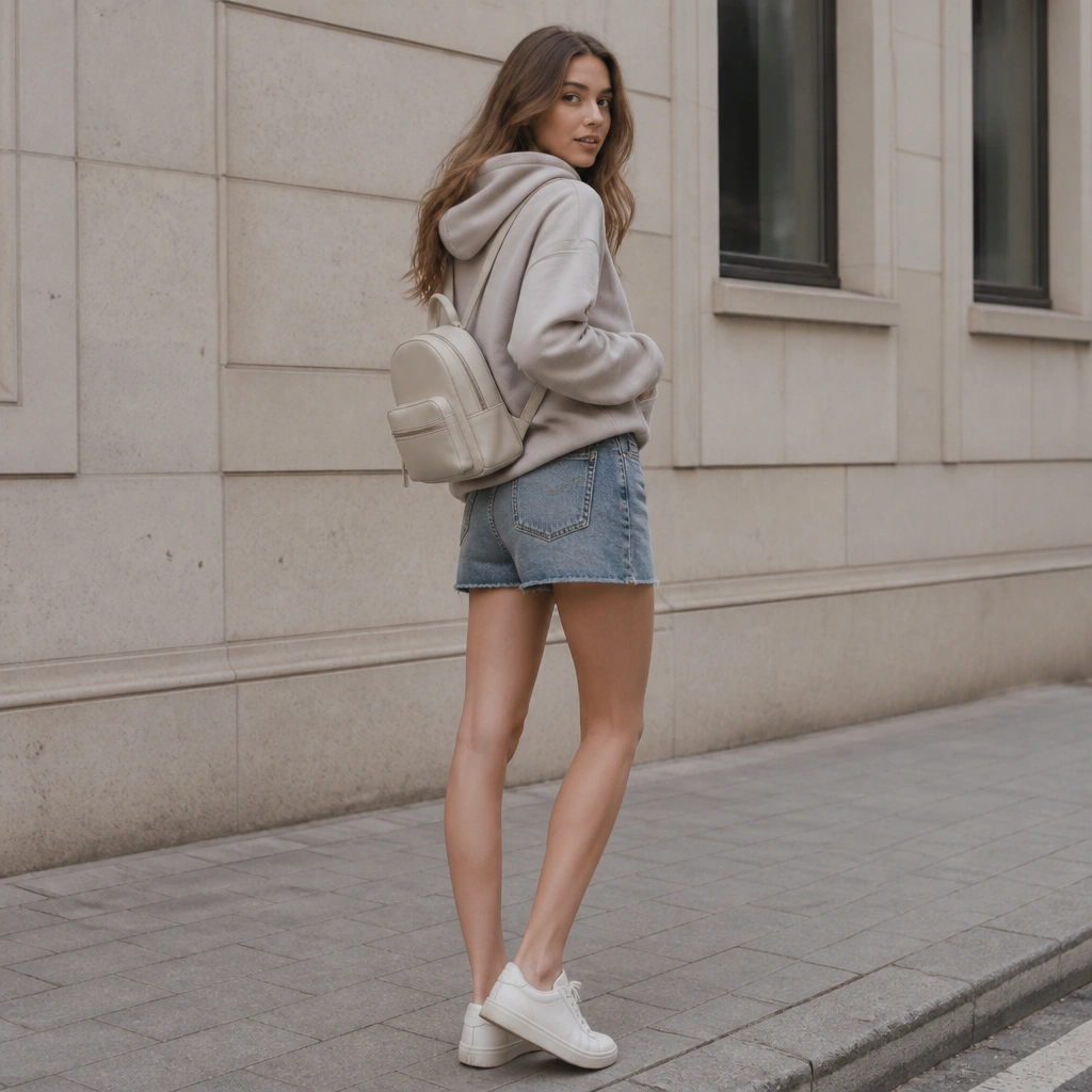 A neutral hoodie layered over denim skirt-style shorts; tights are not visible; white sneakers; a mini backpack worn on the back.
