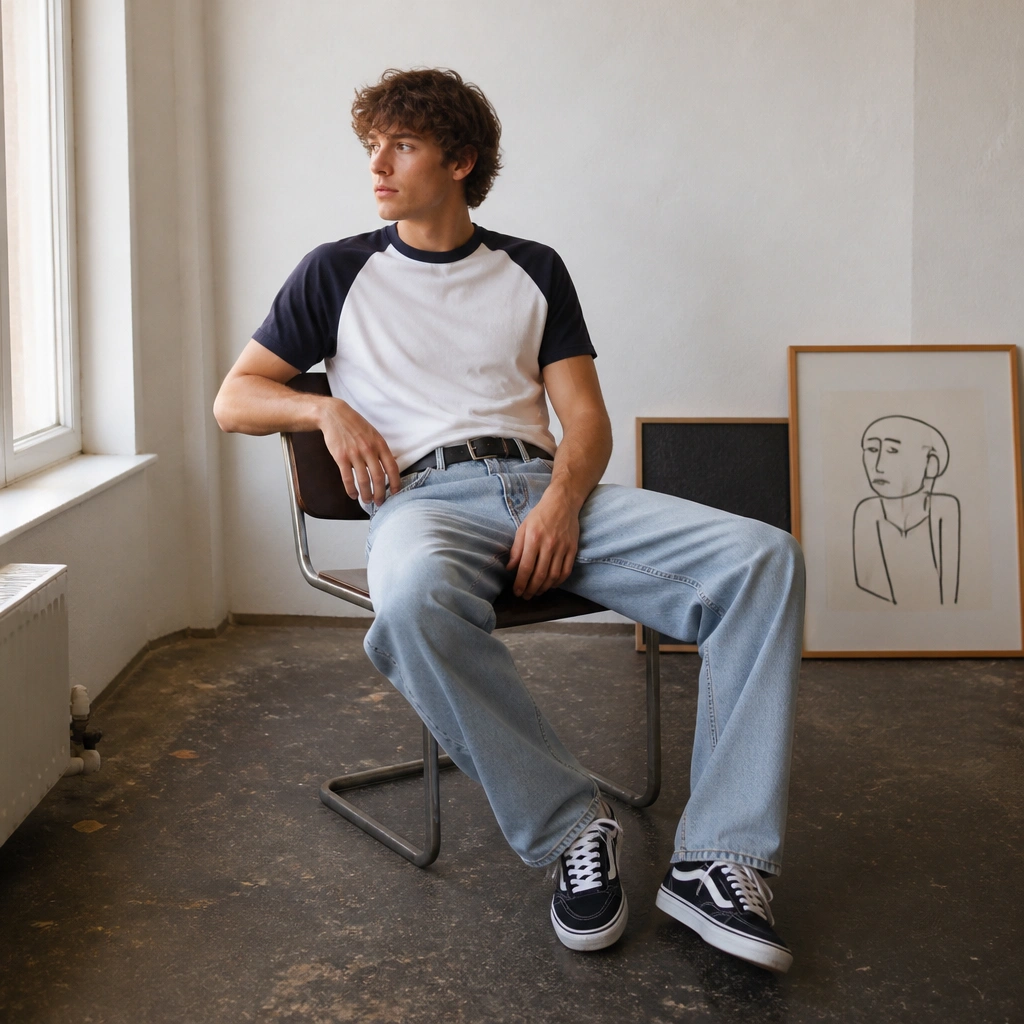 A ringer tee with contrasting collar and sleeves; relaxed light-wash dad jeans with a slightly baggy thigh; retro skate shoes; a belt with a simple buckle.