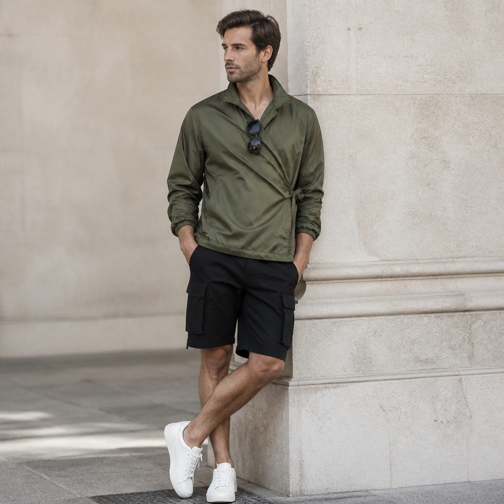 A lightweight wrap-front windbreaker in olive green with a subtle sheen; cargo shorts in black; white sneakers; sunglasses resting on the collar.