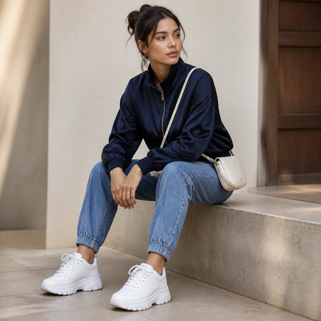 A satin-look track jacket in deep navy with a zip-up front; jogger jeans with cuffed hems; white chunky sneakers; a small crossbody bag.