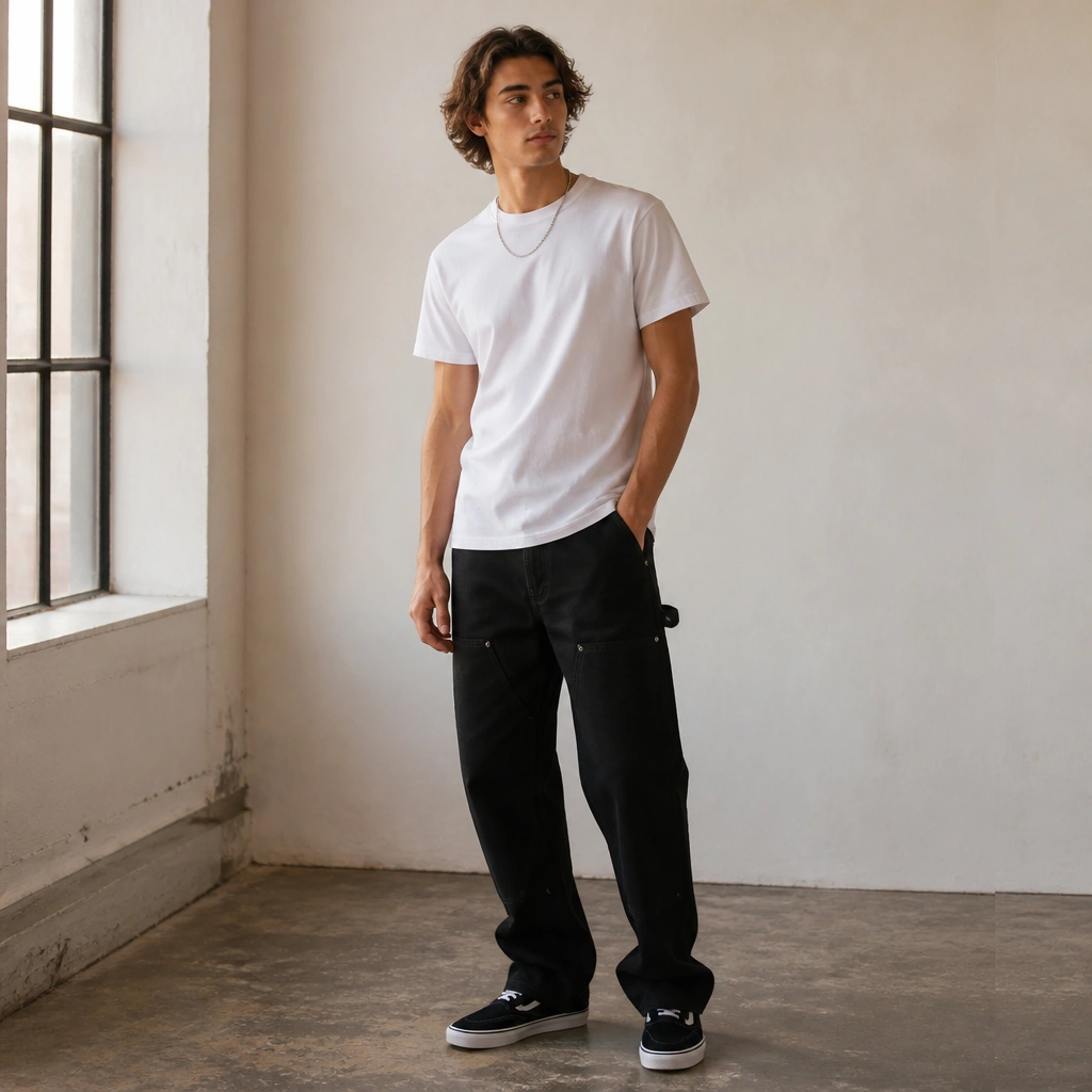 A crisp white T-shirt worn untucked with black carpenter pants; visible side pockets and a hammer loop; black skate shoes; a simple chain necklace.