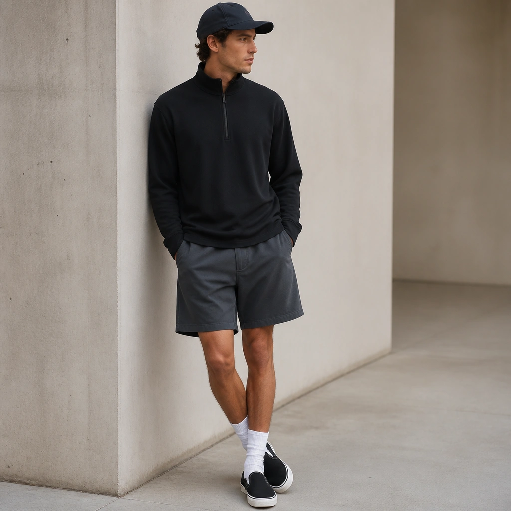 A black zipper mock-neck top worn over relaxed shorts in charcoal; crew socks pulled up slightly; dark slip-on skate shoes; a cap.