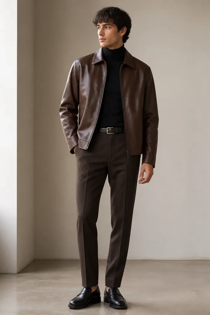 Full-body outfit: brown faux leather jacket worn over a fitted black turtleneck and matched with tapered espresso-brown trousers; minimalist black loafers and a slim belt with gold buckle.