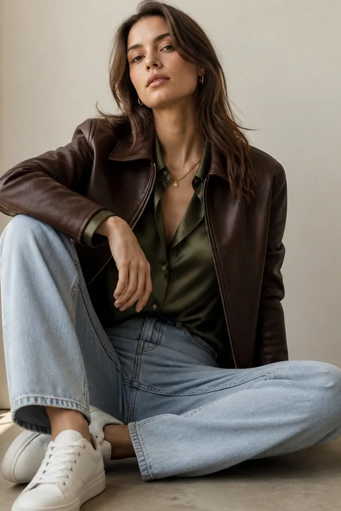 A model in a brown faux leather jacket layered over an olive satin button-up, worn with light-wash jeans and white low-top sneakers; jacket collar slightly open.