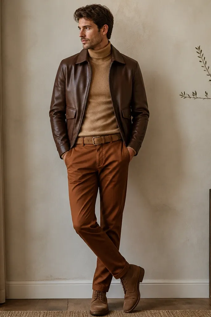 Person wearing a camel turtleneck under a brown faux leather jacket, paired with cognac chinos; suede-like tan belt and matching brown lace-up boots.