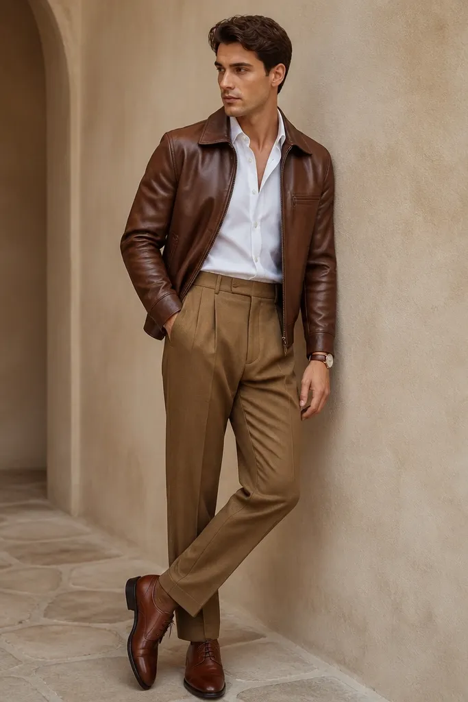 Brown faux leather jacket worn over a crisp white button-down (top buttons open), paired with toffee pleated trousers; polished brown leather oxfords and a slim watch.