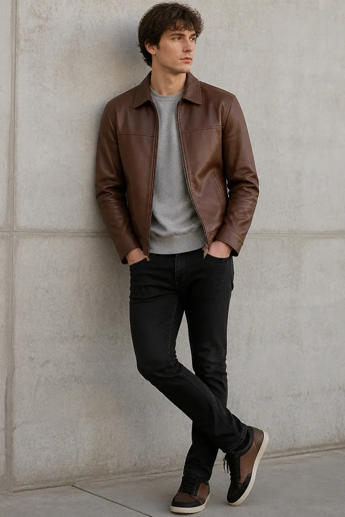 Model in a brown faux leather jacket layered over a heather gray crewneck sweatshirt and black skinny jeans; black-and-brown sneakers with a low profile.