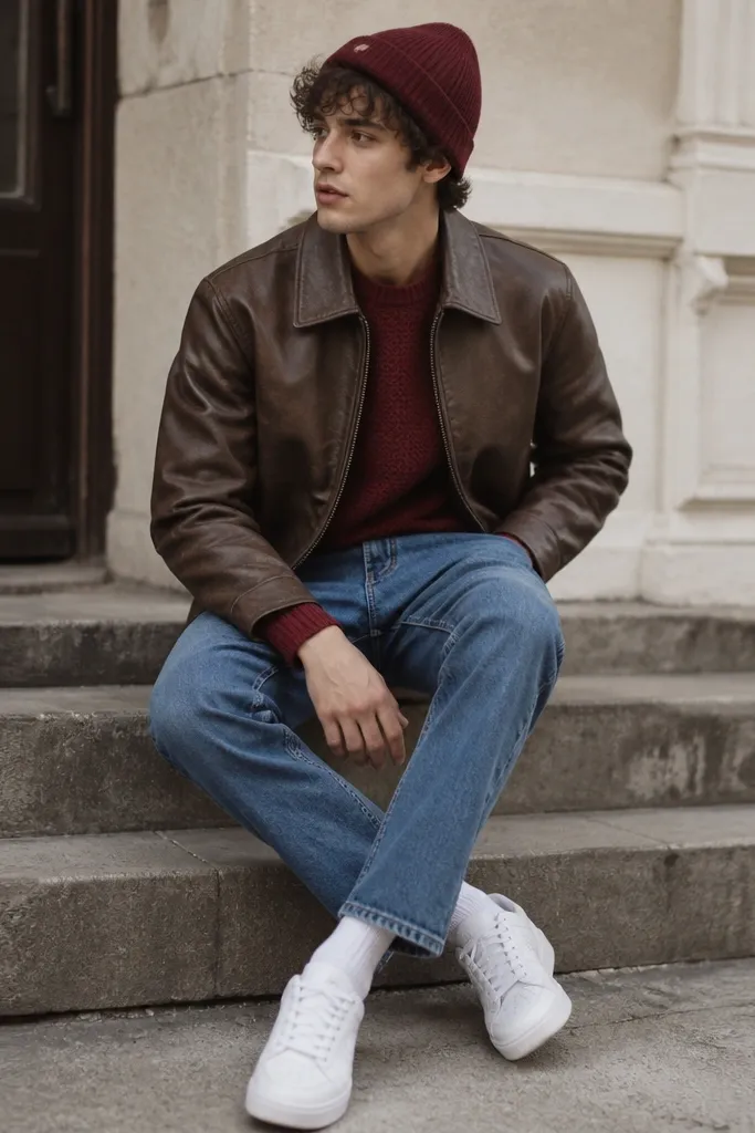 Brown faux leather jacket worn over a burgundy knit sweater, paired with medium-wash jeans; white sneakers and a burgundy beanie in the same color family.