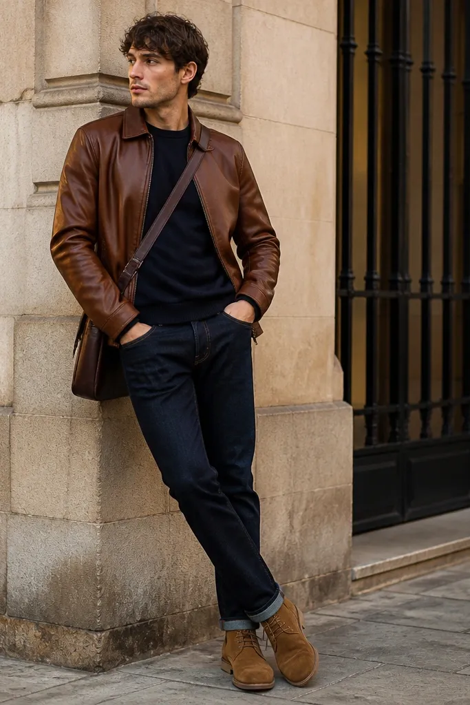 Person wearing a brown faux leather jacket over a navy crewneck, paired with dark navy or indigo jeans; tan suede-look chukka boots and a crossbody bag.