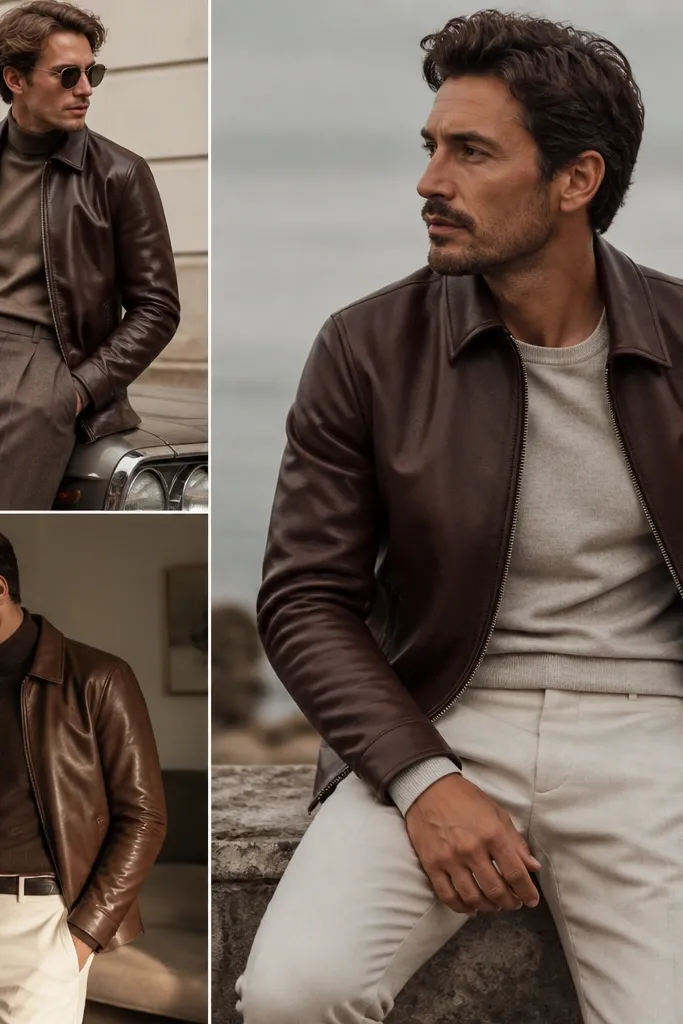 Luxe High-End Brown Leather Jacket Outfit Looks