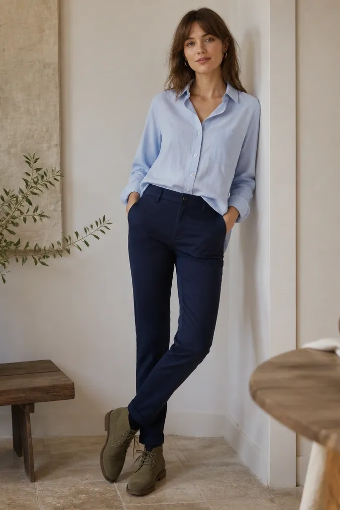Woman in a light blue button-up half-tucked into navy chinos; suede desert boots in sand/olive; delicate gold hoop earrings; relaxed but polished stance.