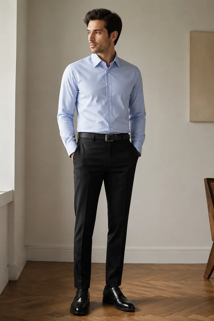 Person wearing a light blue button-up fully tucked into black tapered trousers; glossy black patent leather oxfords; black belt; clean monochrome base.