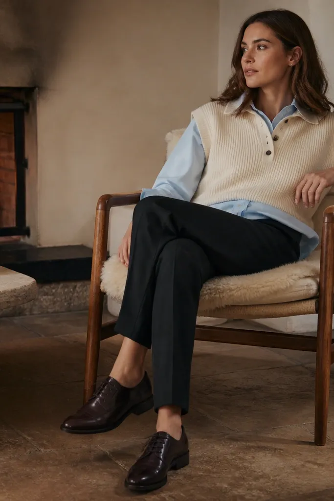 Woman wearing a light blue button-up layered under a cream knit vest/polo; dark brown leather derbies; slim dark trousers; warm, cozy luxury vibe.