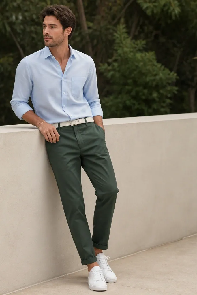 Man in a light blue button-up half-tucked into forest green chinos; bright white low-top sneakers; white belt; minimal accessories.