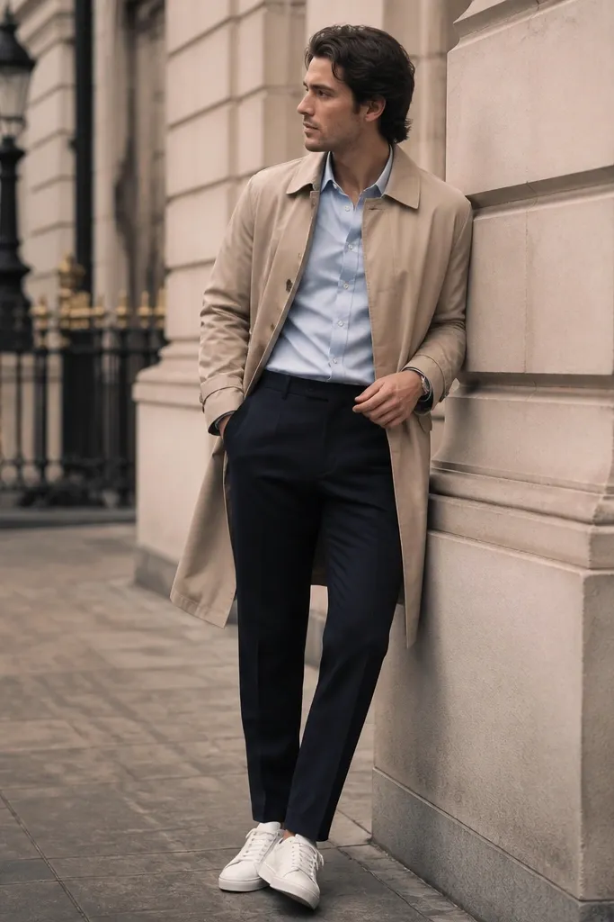 Man wearing a light blue button-up with a beige trench coat; white sneakers; tailored dark trousers; street-style luxe vibe.