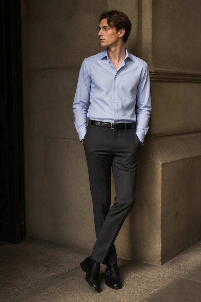 Person in a light blue button-up tucked into charcoal wool trousers; black leather belt; black monk-strap shoes; understated, evening-ready look.