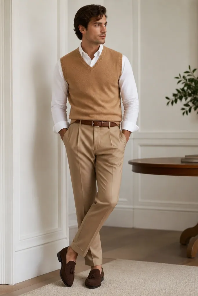 A camel sweater vest over a crisp white Oxford button-down. The collar peeks out neatly, paired with tailored tan trousers, a cognac belt, and brown loafers.