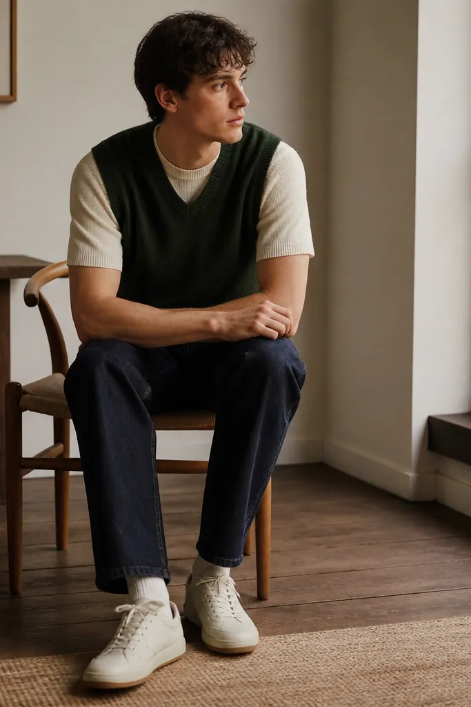 A forest green sweater vest layered over an ivory knit crew tee. The outfit includes dark wash jeans and minimalist sneakers, with a slightly relaxed fit and cozy texture.