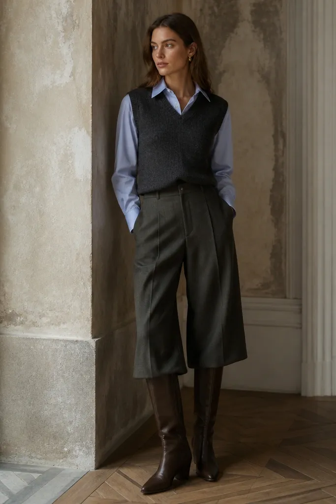 A charcoal sweater vest over a light blue button-down with the collar showing. The look is completed with a long midi skirt or tailored trousers and knee-high boots in a deep brown tone.