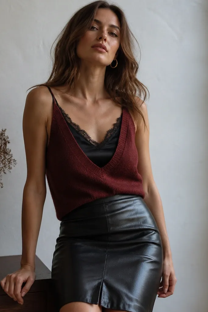 A burgundy sweater vest over a black satin cami, paired with a black faux-leather mini or midi skirt. The outfit shows a glossy sheen under the textured knit.