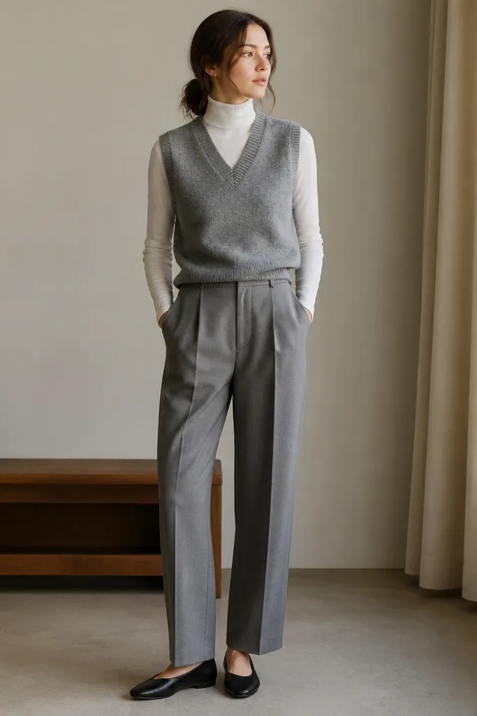 A heather gray sweater vest layered over a white mock neck top. The bottom half features high-waisted pleated trousers and clean leather flats.